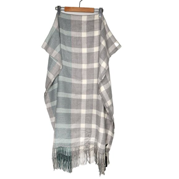 Love & Lore Plaid Oversized Wrap Scarf Shawl Grey White Green Tasseled Office - Picture 2 of 8